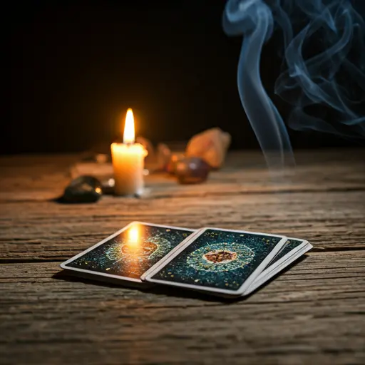 Tarot cards on a weathered wooden table with candle light and incense smoke.